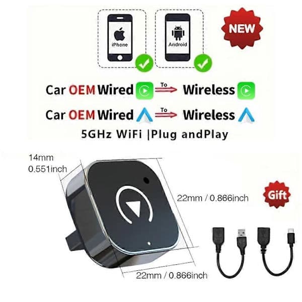 Ny trådløs CarPlay/Android Auto-adapter for Android iPhone-biltilkoblingsboks kablet til trådløs Smart AI-boks USB-dongle Plug And Play Un[YJD]