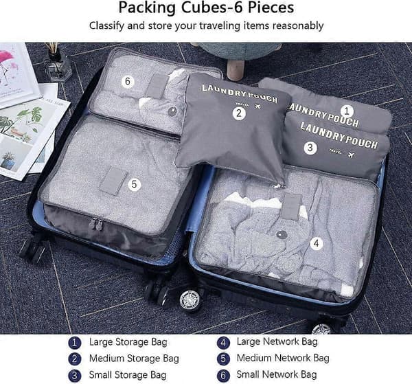 Researrangör Packväskor, 6 st Resepackningskuber Set för Kläder Resebagage Organiseringsväskor