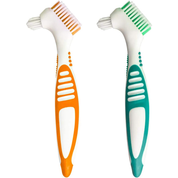 2-pack Dubbelborsthuvud Protesborste Set, Bärbar Ergonomisk Protesrengöringsborste Multi-borste Protesborste för Protesvård (Slumpmässig Färg)