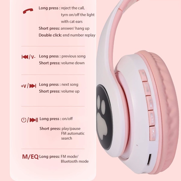 Barnhörlurar Trådlösa, Girls Cat Ear Bluetooth hörlurar, hopfällbara LED Light Up Barnhörlurar Over Ear w (rosa)