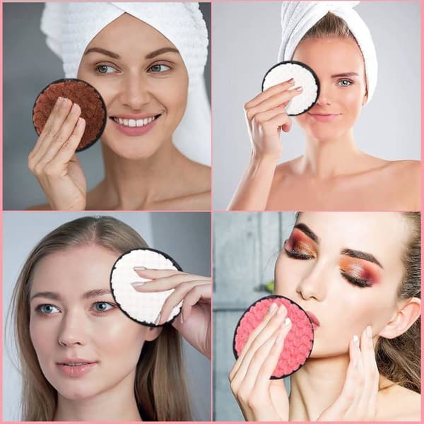 Sæt med 8 vaskbare og genanvendelige makeupfjerner-servietter, lavet med en blød mikrofibersvamp.