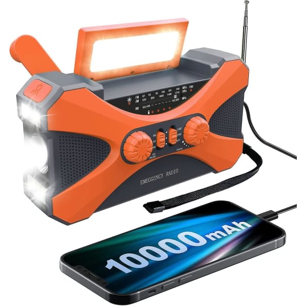 10000mAh Nödradio Solcellsradio med vev, bärbar AM/FM/NOAA väderradio med telefonladdare ficklampa orange