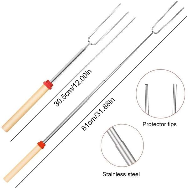 4 teleskopiske skumfiduspinde 31-81 cm. Rustfrit stål, ideel til lejrbål og ristning.