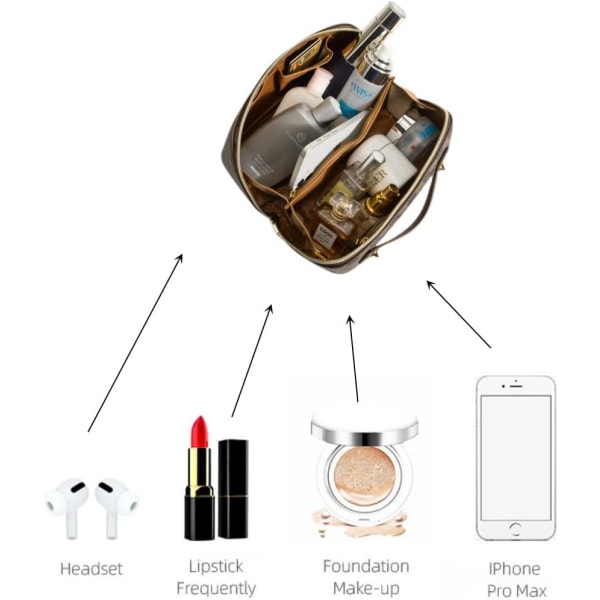 Makeup-taske, PU-rejse-kosmetiktaske Kosmetiketui med stor kapacitet Bærbar toilettaske med lynlås med skillevæg og håndtag til kvinder, piger (brun)