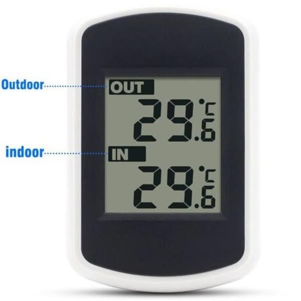 Trådløst LCD digitalt termometer. Indendørs måling: -40 til 60°C; udendørs måling: 0 til 60°C. Nøjagtighed: +/- 1°C. Rækkevidde: 100m.