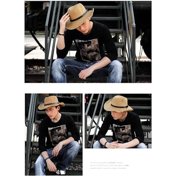 Unisex Halm Solhatt Panamahatt Fedora Trilbyhatt Safari Strandhatt Sol UV-skydd Hatt med Justerbar Hakrem för Män Kvinnor