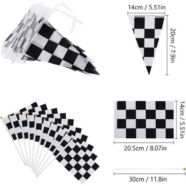 Fødselsdagsdekorationssæt med racer-tema, 10 ternede flag, 9,7 m guirlande, 2 duge, sort og hvid