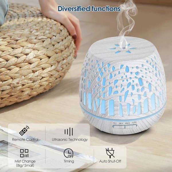 Eterisk oljediffuser - Luftfukter - Med fjernkontroll - Fargeskiftende LED-lys - Hvit trefinish