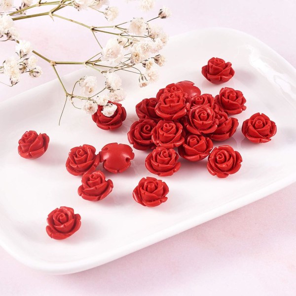 50 stk Rød Rose Cinnabar Perler Detalj Utskårne Blomster Avstandsperler 12,5 mm Roseblader Link Charms Perlehull: 1,5 mm