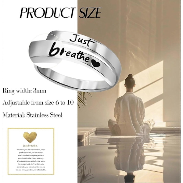 Just Breathe Ring til Kvinder, Justerbar Hjertering, Spiralviklet Helbredende Ringe i Rustfrit Stål, Inspirerende & Hjertevarm Gave Long keyboard protec