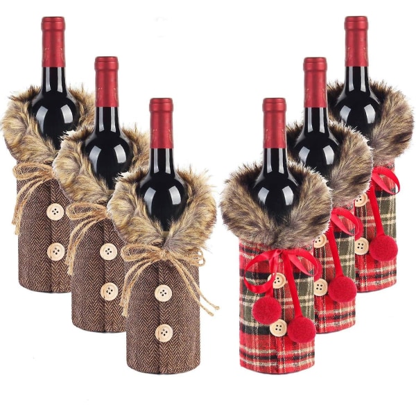6 stykker julesweater vinflaskebetræk Plaid vinflasketøj Linned vinflaskekjole med kunstpelskrave og knapfrakke Design vinflaskel