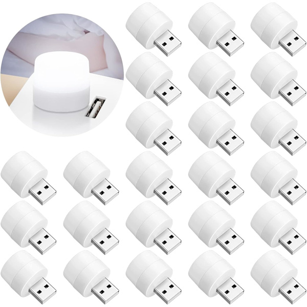 24 stk. USB natlys Mini lys Kompakt lampe Lille rund hvid natlys Bærbar LED atmosfære Stik til børns soveværelse Gang Køkken