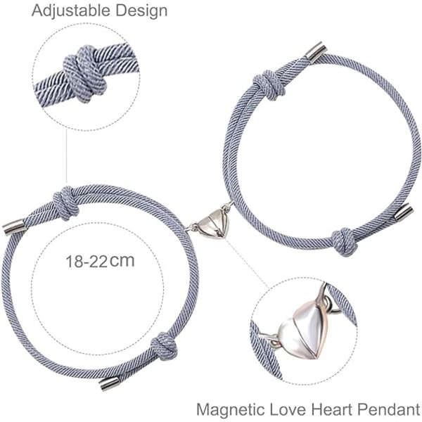 Par magnetiske armbånd, for kjæreste Kjæreste menn Kvinner og din kjæreste, 2 STK Gjensidig matchende par armbånd med kjærlighet hjerte anheng-grå og grå