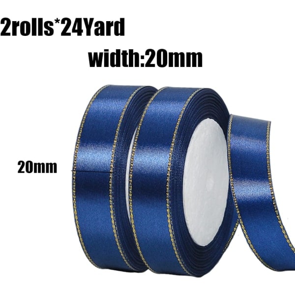 2 rullar 20 mm x 22 m marinblå band med guldtrim, jul dubbelsidig satinbandrulle för hantverk DIY, julband för presentinslagning