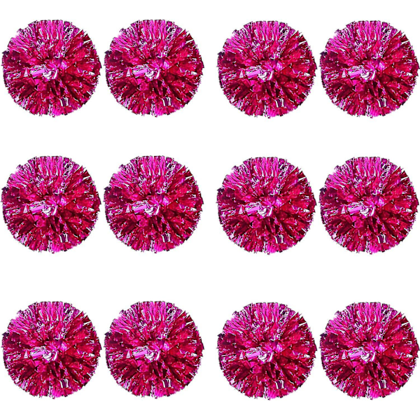 12 stk Cheerleading Pom Poms til Børn, Metallic Folie & Plastik Ring Cheer Pom Poms til Drenge Large Rose Pink