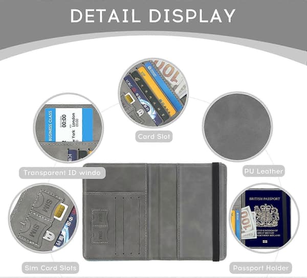 Passfodral PU Läder RFID-blockerande Passfodral Reseplånbok med Kortplats & Elastiskt Band Grey
