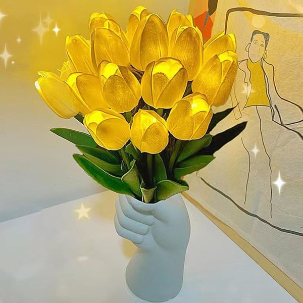 10 ST Tulpaner konstgjorda blommor med LED-ljus, Real Touch falsk bukett blomsterarrangemang, blomsterlampa för bordsdekoration