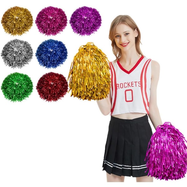 2 kappaletta pörröisiä cheerleader-pompomeja, erittäin kiiltävä metallifolio cheerleader-pompomeja, kädessä pidettäviä cheerleader-pompomeja muovisella sormenrenkaalla