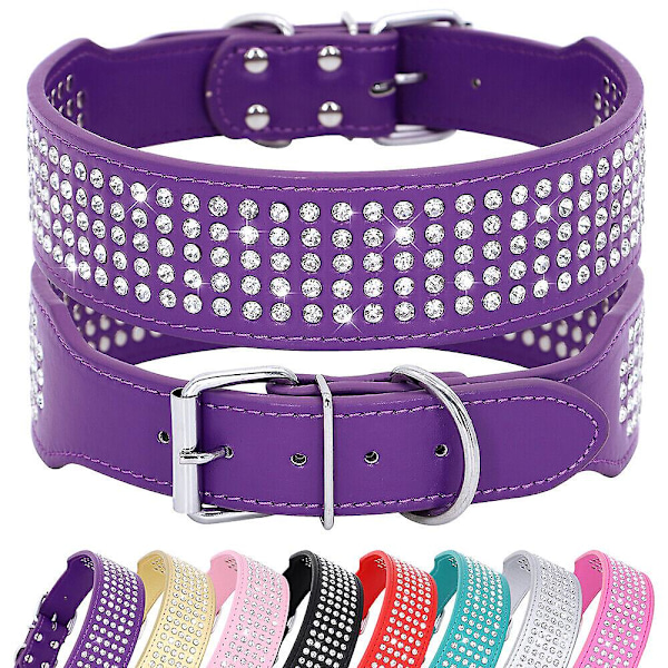 5 Rader Strass PU Läder Hundhalsband Diamant Bling för Stora Hundar 2.0\" bred XL:Neck 48-55cm Purple