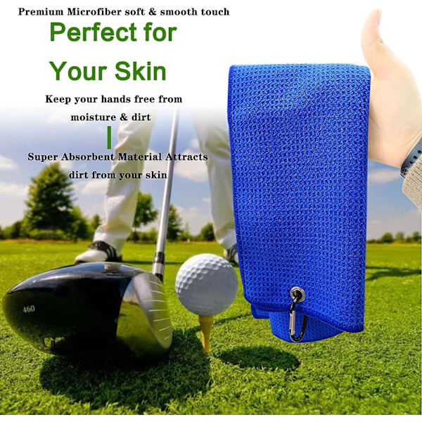 Golfhanddukar Våffel för golfväskor med klämma 24\"X16\", Tri-fold handduk Mikrofiber Hook Loop för män Kvinnor Klubbrengöring Groove Cleaner (Blå handduk-1 förpackning)