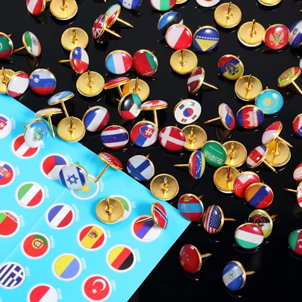 100 stk. kreative trykknapper med flag, verdenskort trykknapper