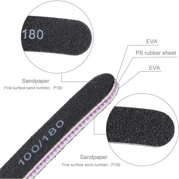 15 stk. Neglefiler Profesjonelt Sett Buede Neglefiler 100/180 Korn Dobbeltsidig Smirkelbrett Manikyrverktøy for Hjem og Salongbruk B15 Pcs Curved  Black