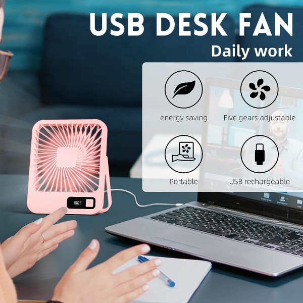 USB pöytätuuletin, 5 nopeutta ja 180° kannettava minipöytätuuletin 2000 mAh USB ladattavalla akulla, pöytätuuletin LED-näytöllä makuuhuoneeseen, matkustamiseen