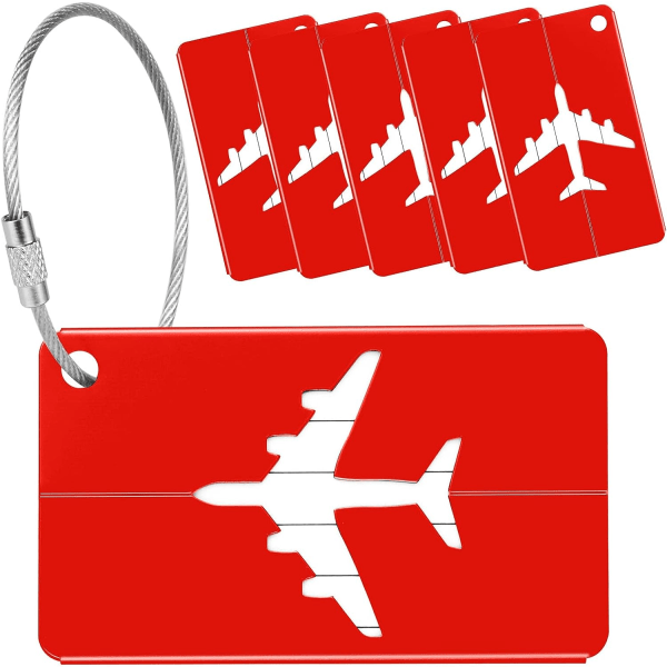 Bagagelappar för resväskor, 6-pack bagageetiketter Resväskeetiketter i aluminiumlegering med stålögla för resbagage ID-etiketter (röd)