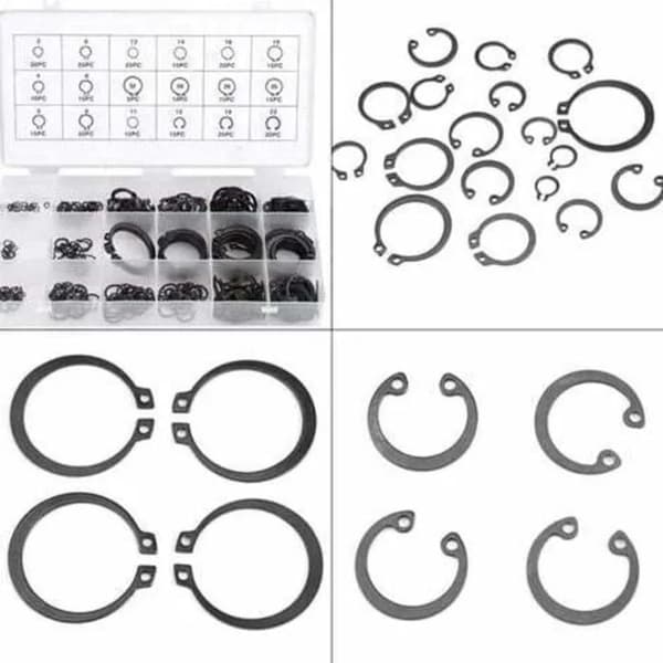 Sortimentsæske med 300 E-clips i rustfrit stål, udvendige låseringe, størrelser 2 mm til 32 mm