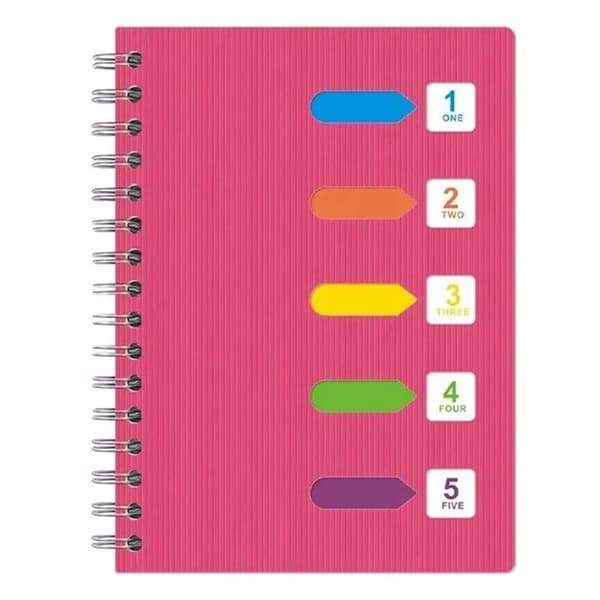 A5 Notesbog med Indeks, 14x21 cm, Spiralindbinding, 120 Ark/240 Sider, Tykt 9mm Linjeret Papir, Pink, Til Studerende og Kontor