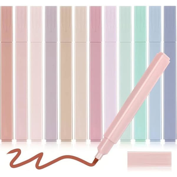 Sæt med 12 assorterede pastel-overstregningstuscher - Hurtigtørrende, bløder ikke igennem - Perfekt til studier og gaver til piger - 12 farver