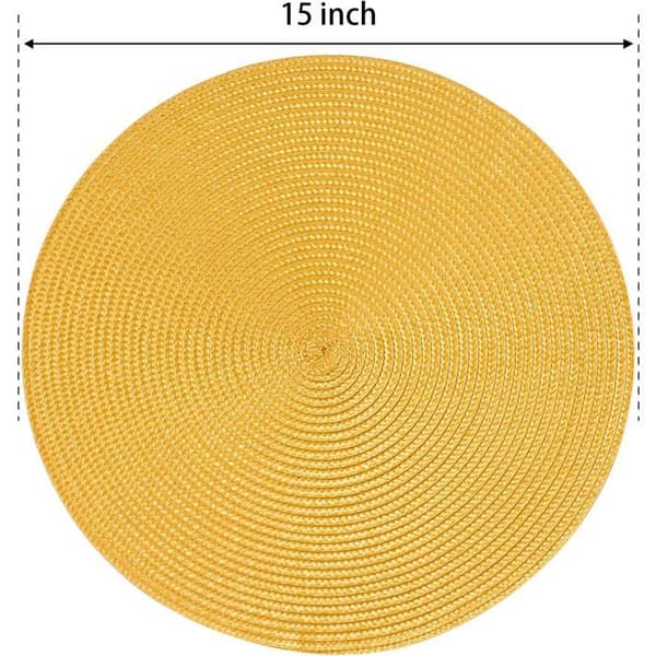 Sæt med 8 runde vævede gule dækkeservietter, vaskbare, skridsikre, holdbare, 38 cm i diameter.