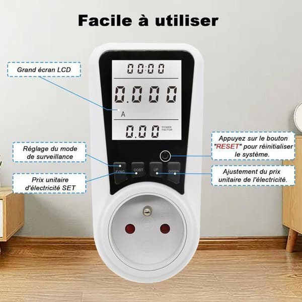 Strømmåler Plug-in Energimåler, Energiforbruk med 7 Overvåkingsmoduser, Bakgrunnsbelyst LCD-skjerm, 2 stk