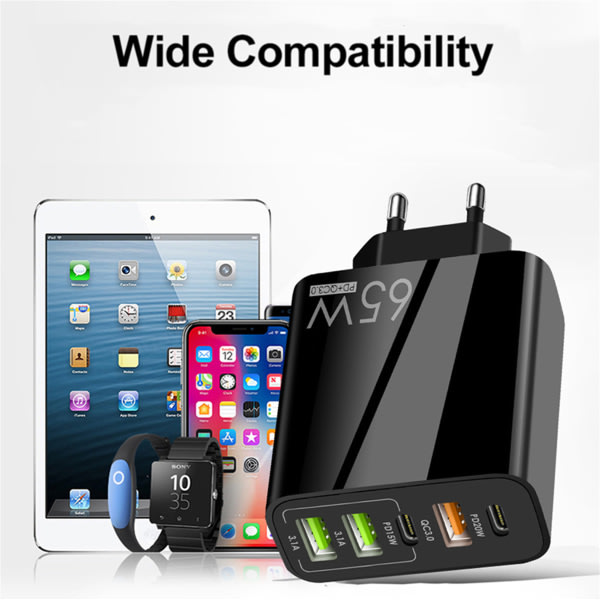 65w Pd-oplader USB-smartphone-opladeradapter med type-c Pd+3usb-telefonoplader og strøm black