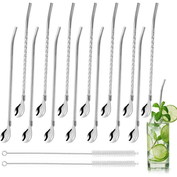 Cu-skeer og metalsugerør - Rustfrit stål - 2 i 1 - 22 cm - Pakke med 14 - Genanvendelig