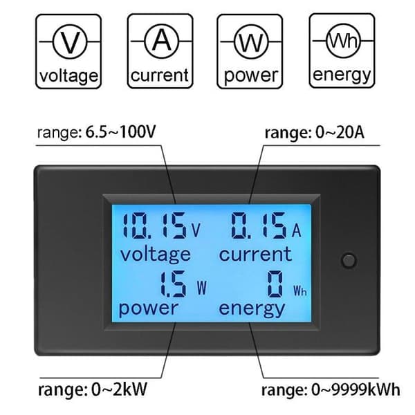 Voltmeter Ammeter DC 6.5-100V 20A, Spændingsmåler Wattmeter Tester Spænding Strøm Effekt Energi Digital LCD Energimåler