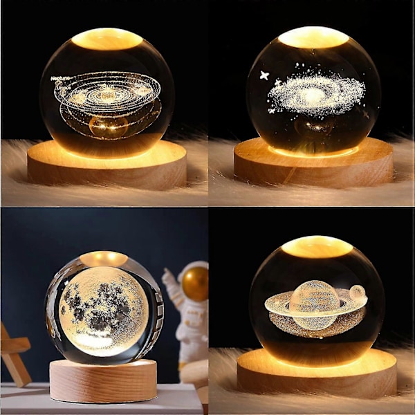 3D Planet Krystallkule Nattelys, Krystallkule med Trebase, 3D Gravert Solsystemplaneter Krystallkule, Hjemmedekorasjon Moon