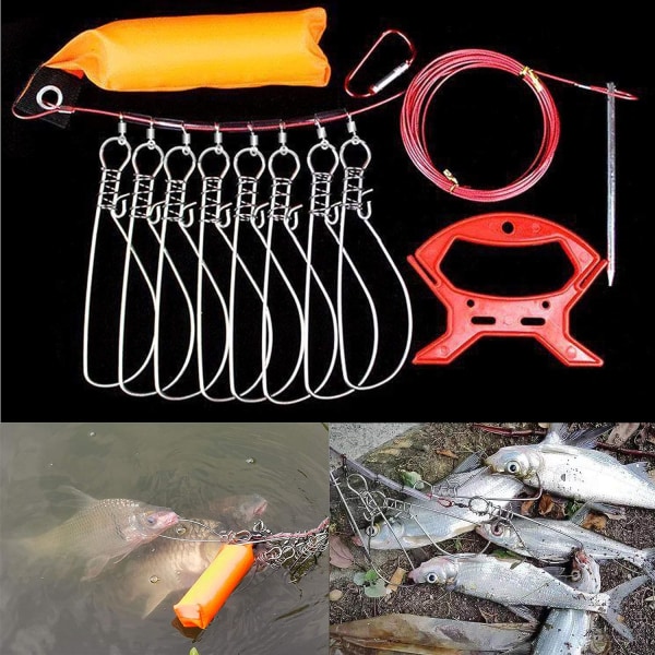 Fishing Stringer Live Fish Lock, med 10 fiskesnapper i rustfritt stål, Big Fish Wire Taulås Fiskeholderspennesett med flottør og plasthåndtak