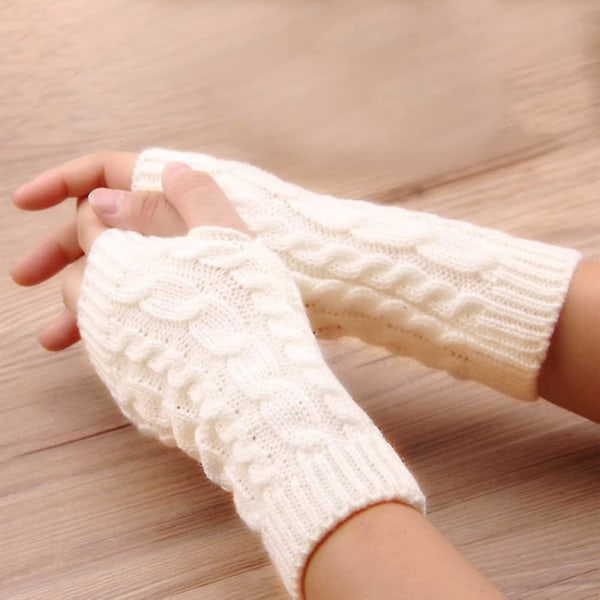 1 Pair Fingerless Gloves Warm Arm Gloves Winter Knit Crochet Gloves Gift For Women And Girl-white