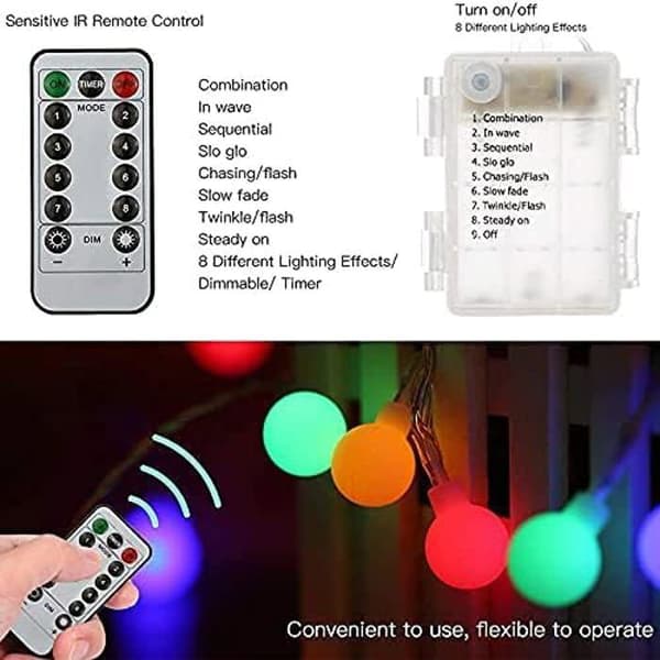 Batteridrevne lyslenker, 6M 40 LED-kuler med 8 lysmoduser, vanntette lyslenker (flerfarget)