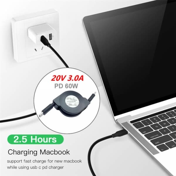 PD 60W USB C Retractable Data Cable, för Macbook Snabbladdningskabel för Typ C Mobiltelefon Switch