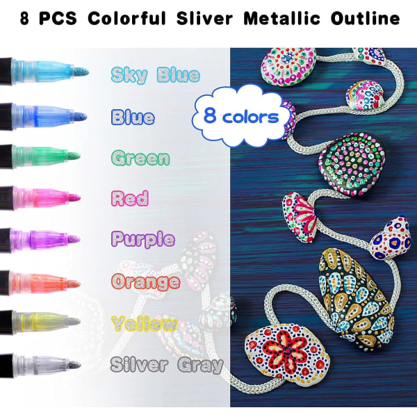 Double Line Outline Pens, 8 Colours Shimmer Metallic Markers Glitter Pens fo DIY Art Craft Scrap Booking Posters Doodle Dazzle