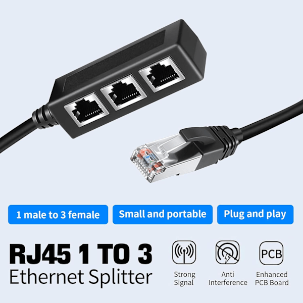 Ethernet-splitter RJ45 LAN-kabelkonnektor 1 til 3 netværksadapter internet-stikforlænger til Super Cat5, Cat5e, Cat6, Cat7, Cat8-kabel