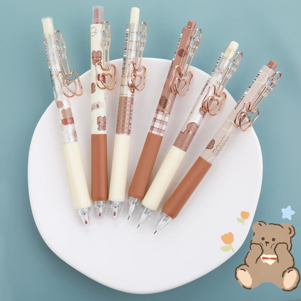 6 stk. Kawaii gelpenne søde penne brun sød bjørnedesign Kawaii pen japansk studenter signaturpen til jævn skrivning (6 stk., brun)