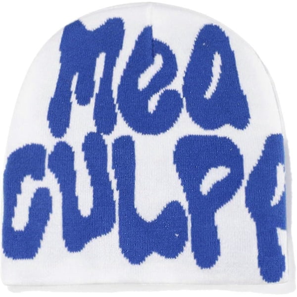 Beanies, bogstaver Print Beanies Mea Y2k Beanies, hat til kvinder mænd, slouchy beanies og strikkede beanies til unisex (sort og hvid) Blue