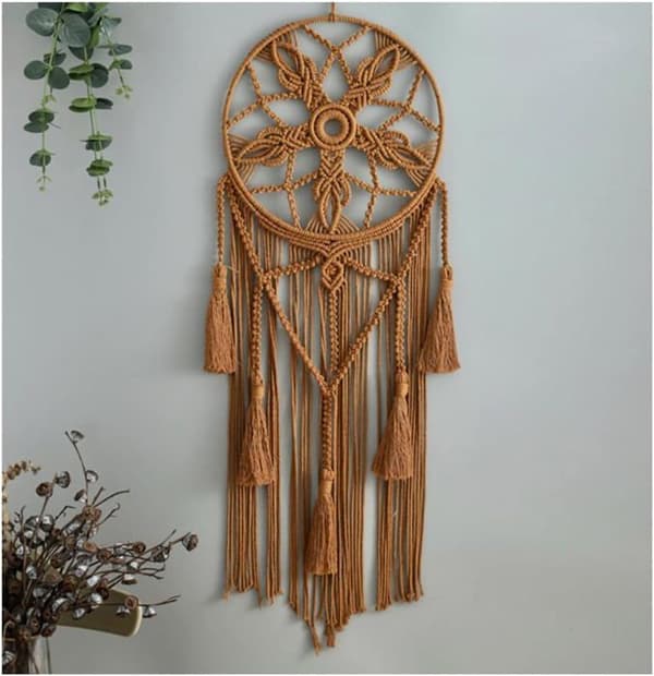 Håndvevd makramé bomullsdrømmefanger-teppe, bohemsk kunst med dusk, håndlaget ornament, 12x32 tommer, brun