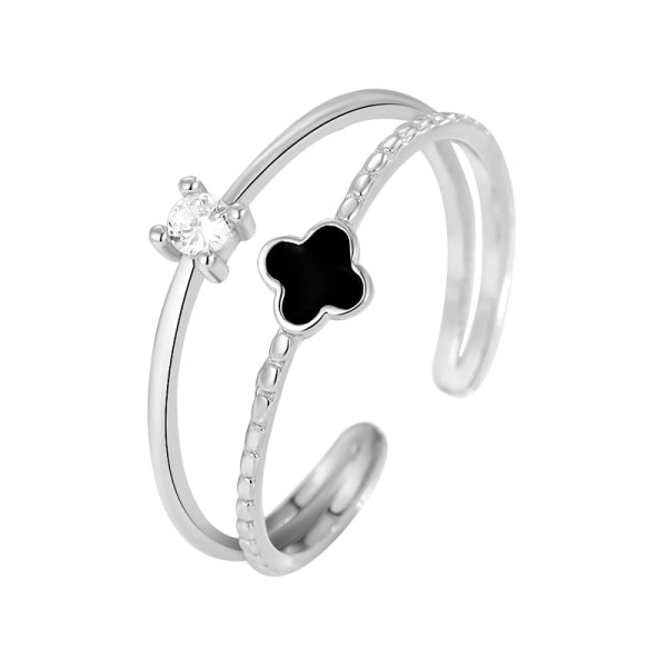 S925 Sterling Silver Fyrbladklöver Liten Diamant Ring, Öppen Ring