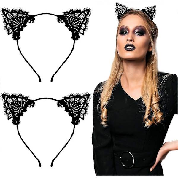 2 st. Spets Kattunge Öron Hårband Svart Halloween Kostym Hårband Fest Hoop Huvud Födelsedag Fancy Dress Huvudbonad Festival Cosplay Flickor Hårtillbehör