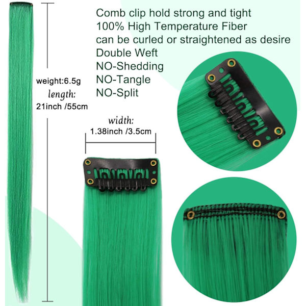 9PCS 21\" Farvede Clip in Hair Extensions Grønne Hair Extensions til Clip in Grønne Hair Clips Hair Extensions til Piger Fest Højdepunkter (Grøn)