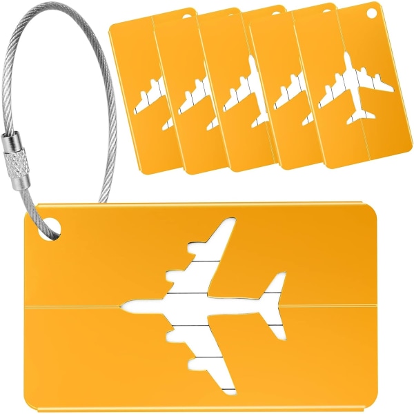 Bagagelappar för resväskor, 6-pack bagageetiketter Resväskeetiketter i aluminiumlegering med stålögla för resbagage ID-etiketter (guld)